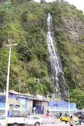 The pools of the Virgin with hot springs and the waterfall of the Virgen del Agua Santa in Baños