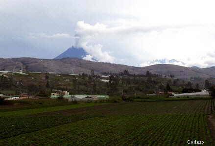 The Tungurahua volcano with a small eruptionseen from Ambato